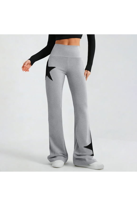 Womens High Waisted Flare Leggings Gray Casual Comfortable Stretchy Polyester Pants with Star Print,Size L