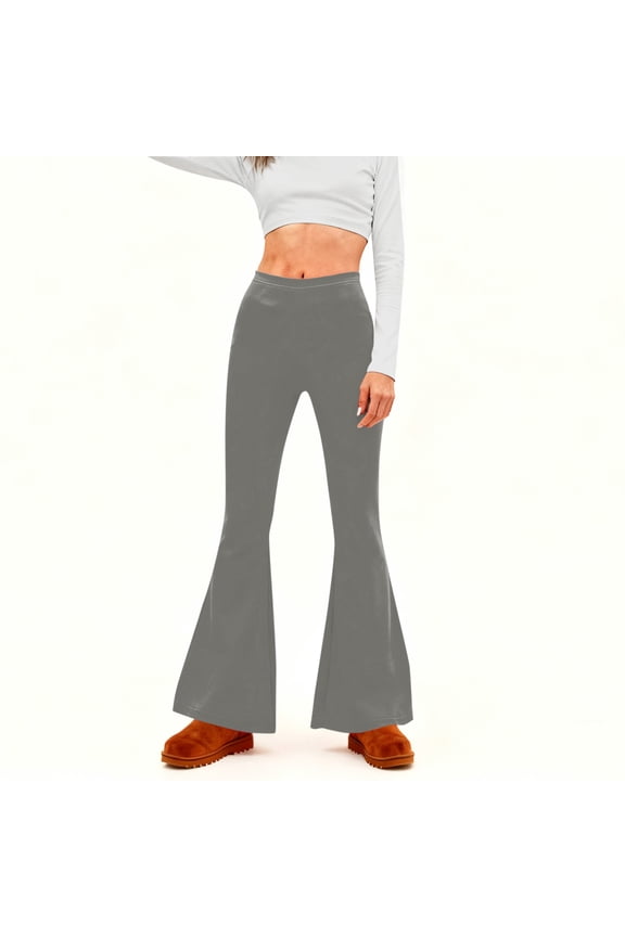 Womens High Waisted Flare Pants Bootcut Leggings, Stretchy Elastic Waist Trousers for Women, Retro Casual Polyester Spandex Everyday Pants in Gray,Size L