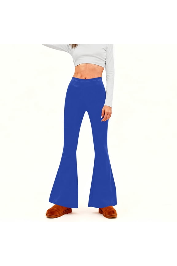Womens High Waisted Flare Pants Bootcut Stretchy Soft Polyester Spandex Retro Casual Everyday Trousers in Blue,Size M