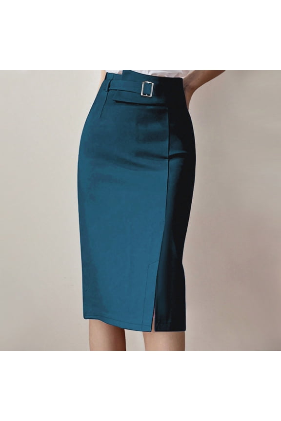 Womens High Waisted Pencil Skirt, Stretchy Midi Bodycon Skirt with Slit for Work & Office, Blue,Size M