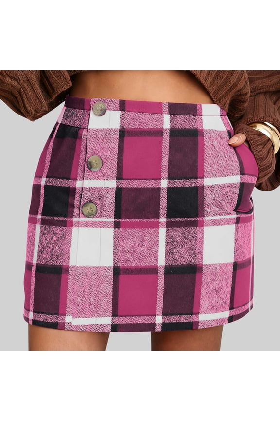 Womens High Waisted Plaid Mini Skirt, Wool Blend Tartan Skirt with Pockets for Fall Winter, Hot Pink Checkered Skirt,Size L