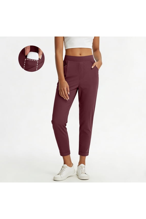Womens High Waisted Pull On Ankle Pants with Pockets Elastic Waist Comfy Work Travel Trousers Cuffed Hem Wine,Size M