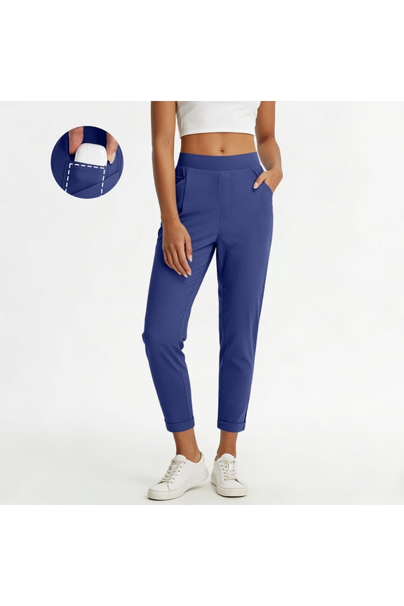 Womens High Waisted Pull On Ankle Pants with Pockets Elastic Waistband Comfy Casual Trousers Business Travel Blue,Size M