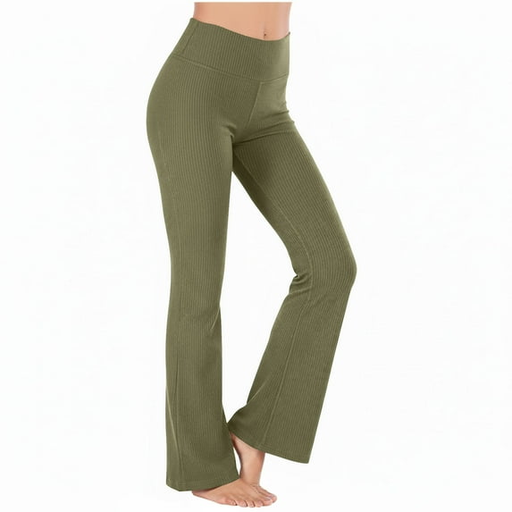 ZunFeo Womens High Waisted Ribbed Flared Pants Army Green, Yoga Lounge Athleisure Pants Soft Stretchy Bootcut,Size XL