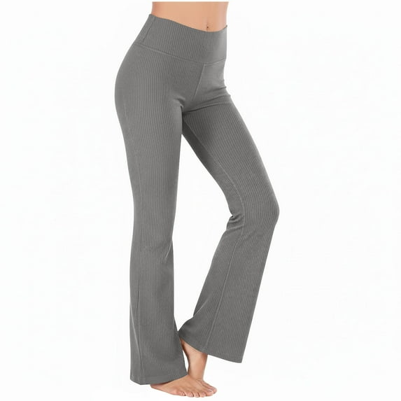 ZunFeo Womens High Waisted Ribbed Flared Pants Dark Gray, Bootcut Yoga Pants for Women Stretchy Casual Lounge Flare Leggings,Size L