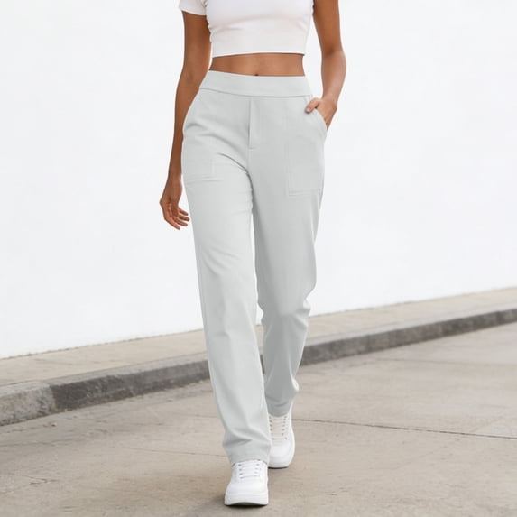 ZunFeo Womens High Waisted Straight Leg Pants with Pockets Cream White Elastic Waist Pull On Stretchy Casual Trousers for Business Office Work Everyday Spring Summer,Size M