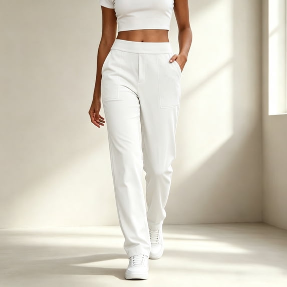 ZunFeo Womens High Waisted Straight Leg Pants with Pockets Cream White Elastic Waist Pull On Stretchy Casual Trousers for Business Office Work Everyday Spring Summer,Size M