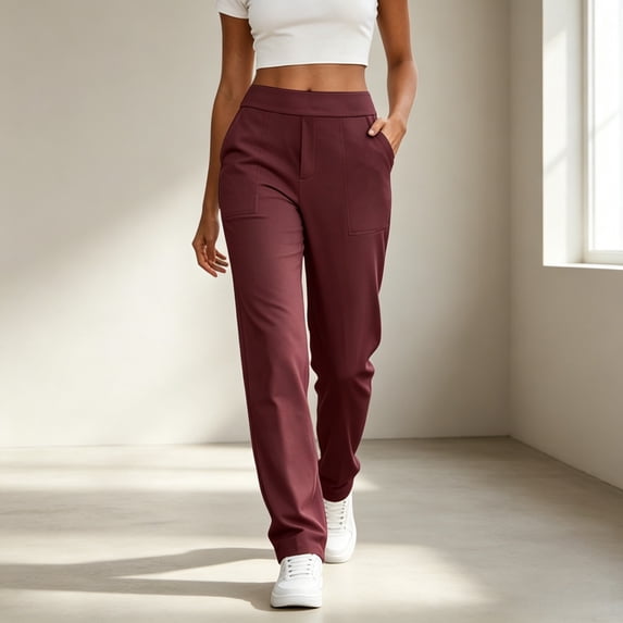 ZunFeo Womens High Waisted Straight Leg Pants with Pockets Wine Red Elastic Waist Pull On Stretchy Casual Trousers for Business Casual Office Work Fall Winter Comfort,Size 2XL