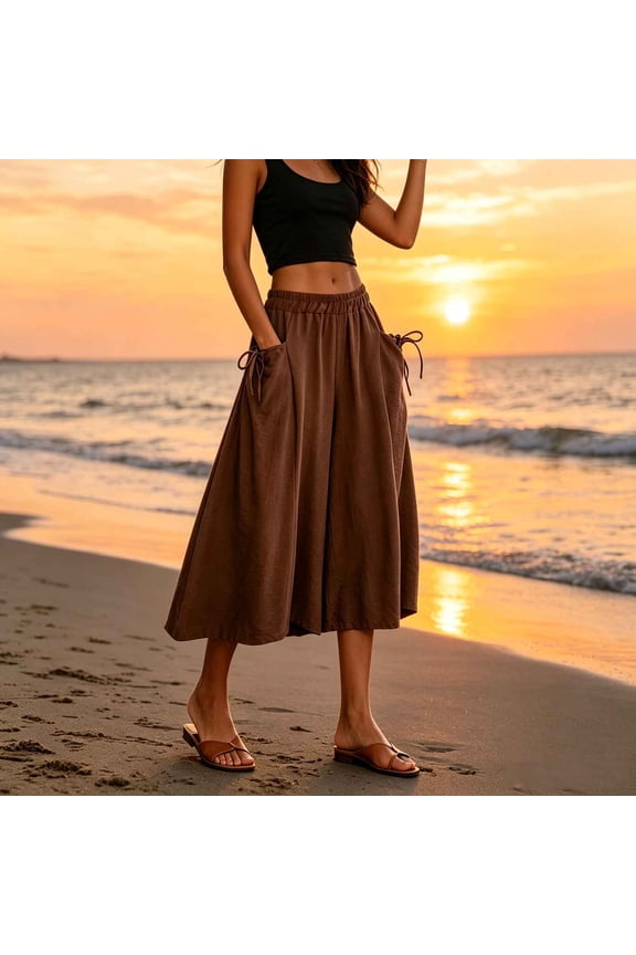 Womens High Waisted Wide Leg Palazzo Pants Casual Summer Flowy Trousers with Pockets Elastic Waist Loose Fit Breathable Lounge Pants Coffee,Size XL