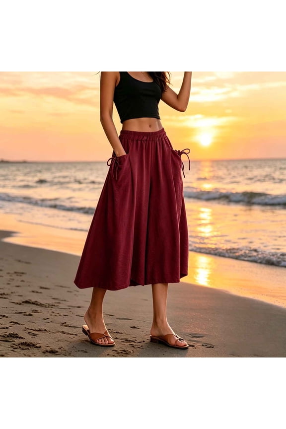 Womens High Waisted Wide Leg Pants Casual Summer Flowy Culottes with Pockets Elastic Waist Loose Fit Breathable Palazzo Trousers Red,Size XL