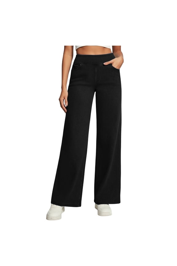 Womens High Waisted Wide Leg Pants - Soft Rayon Blend Elastic Waist Flowy Casual Lounge Pants, Black,Size M