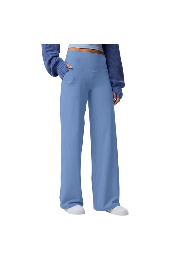 Womens High Waisted Wide Leg Pants with Pockets - Ribbed Lounge Pants Soft Stretchy Casual Elastic Waist Trousers in Sky Blue,Size 2XL
