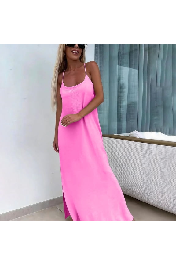 Womens Hot Pink Cami Maxi Dress for Summer, Flowy Casual Beach Dress & Spaghetti Strap Long Cover Up, Relaxed Fit with Side Slit Sizes S-XXL,Size L