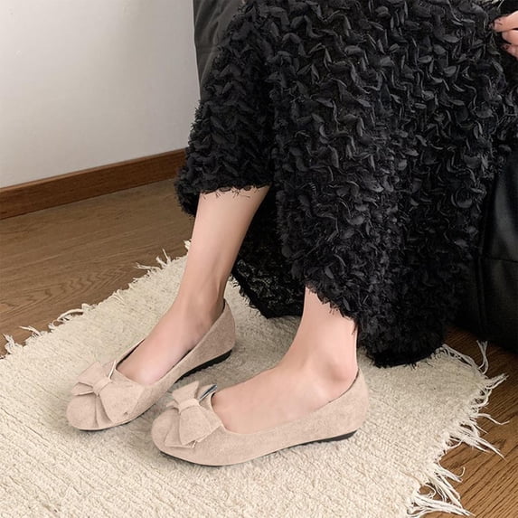 ZunFeo Womens Khaki Bow Ballet Flats, Slip-On Round Toe Breathable Casual Shoes for Daily Commute, Non-Slip Cushioned Comfort Flat, Khaki,Size 7
