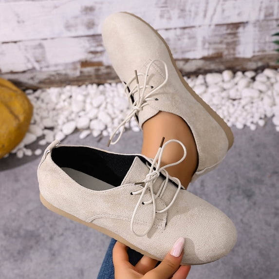 ZunFeo Womens Lace Up Flats - Minimalist Khaki Casual Shoes, Suede-Like Lightweight & Slip-Resistant Everyday Walking Flats for Women,Size 6.5