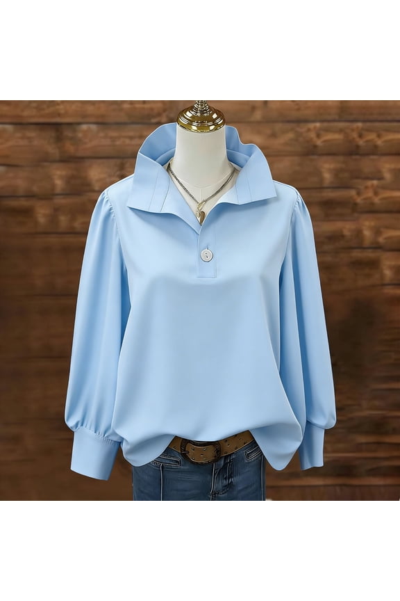 Womens Light Blue Puff Sleeve Blouse, Loose Fit Long Sleeve Top with Collar, Casual Chic Everyday Wear,Size 2XL
