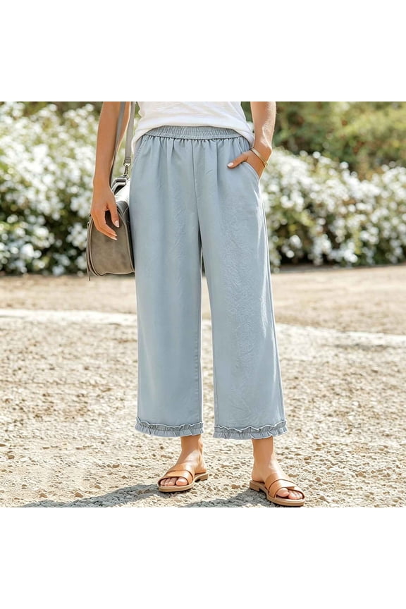 Womens Light Blue Wide Leg Linen Cropped Pants Elastic High Waist Ruffle Hem Loose Fit Boho Summer Casual Pockets,Size 4XL