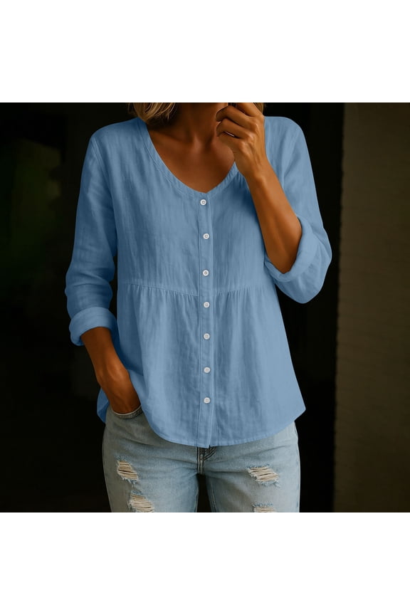 Womens Linen Blend Blouse Button Down Shirt with V-Neck & Empire Waist, Casual Babydoll Flowy Top in Blue,Size L