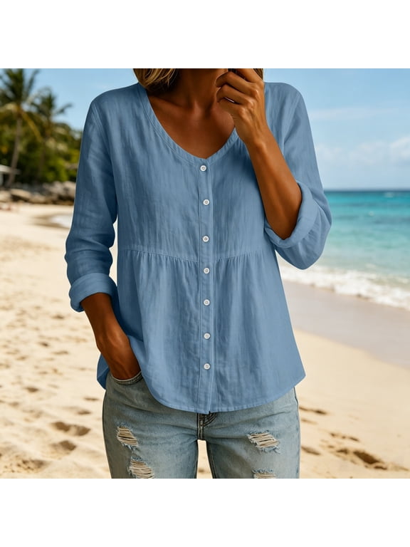 Womens Linen Blend Blouse Button Down Shirt with V-Neck & Empire Waist, Casual Babydoll Flowy Top in Blue,Size XL