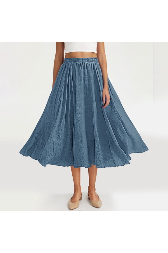 Womens Linen Midi Skirt Elastic Waist Blue - Flowy Swing A-Line Crinkle Texture Summer Casual Skirt for Women, Machine Washable, Boho Chic,Size Free Size