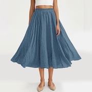 ZunFeo Womens Linen Midi Skirt Elastic Waist Blue - Flowy Swing A-Line Crinkle Texture Summer Casual Skirt for Women, Machine Washable, Boho Chic,Size Free Size