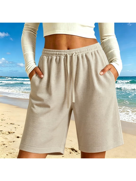 Womens Lounge Bermuda Shorts Cotton Blend Relaxed Fit Drawstring Waist Side Pockets Knee Length Casual Summer Shorts Beige,Size 2XL