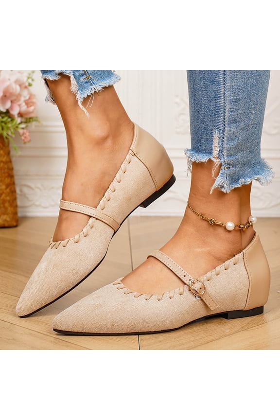 Womens Mary Jane Flats Pointed Toe Velvet Adjustable Buckle Strap Comfy Everyday Work Shoes Beige,Size 7.5