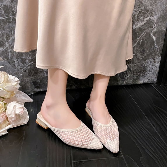 ZunFeo Womens Mesh Mule Slides with Low Block Heel | Pointed Toe Breathable Slip-On Casual Shoes | Beige (Sizes 5.5-9),Size 8.5