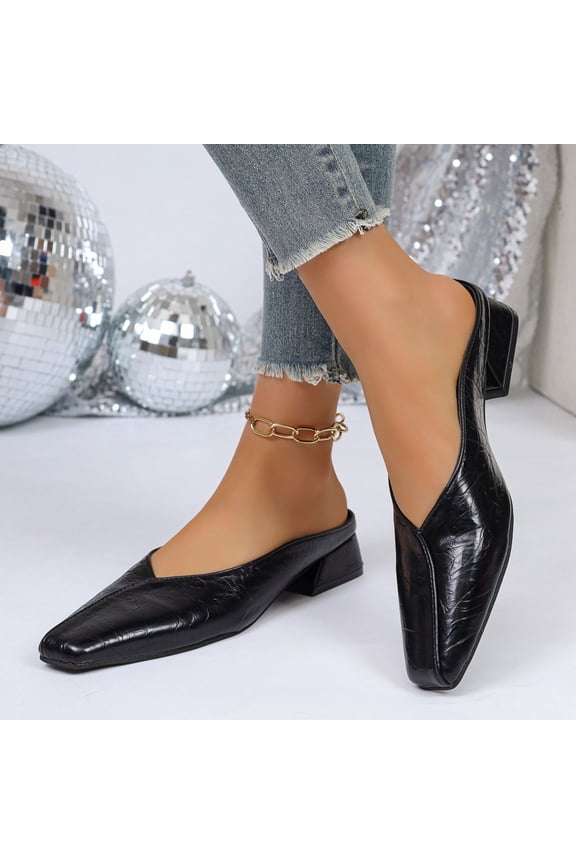 Womens Mules Slip On Flats - Square Toe Low Block Heel Casual Shoes, Crinkled PU Faux Leather Comfy Walking Shoes for Women, Black (Size 5.5-9),Size 7.5