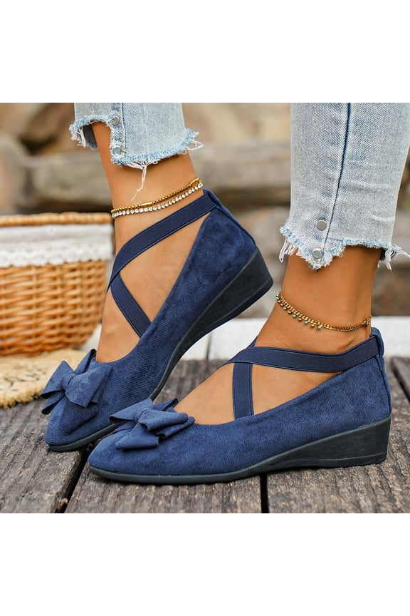Womens Navy Blue Ballet Flats Low Wedge Mary Jane Shoes with Crisscross Bow Strap Comfort Casual Walking Shoes,Size 6