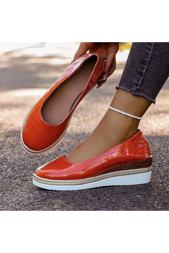 Womens Orange Platform Loafers Slip On Chunky Wedge Shoes Metallic Croc-Embossed Comfort Casual Shoes (Sizes 5.5-9),Size 7