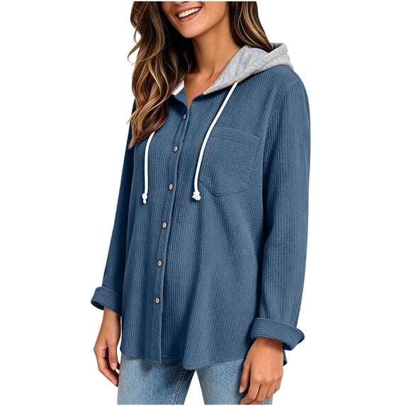 ZunFeo Womens Oversized Corduroy Hooded Shacket - Button Front Jacket with Patch Pocket, Navy,Size M