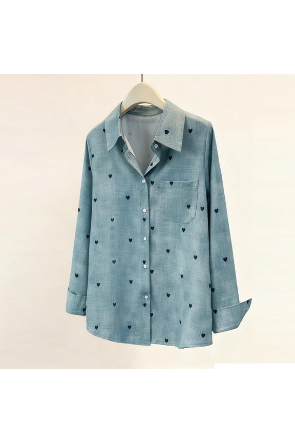 Womens Oversized Heart Print Blouse Long Sleeve Chambray Shirt Light Blue Casual Button Down Top with Roll Tab Cuff,Size XL