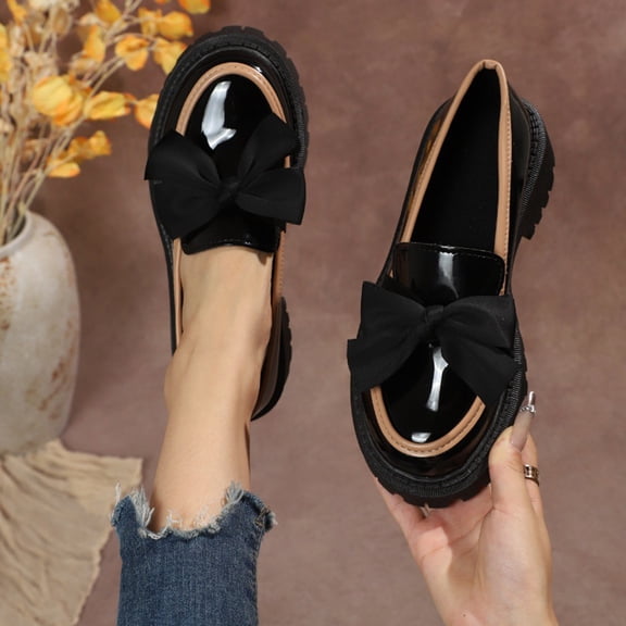 ZunFeo Womens Patent Faux Leather Chunky Platform Loafers, Slip-On Lug Sole Bow Accent Two-Tone Casual Shoes, Black,Size 7.5