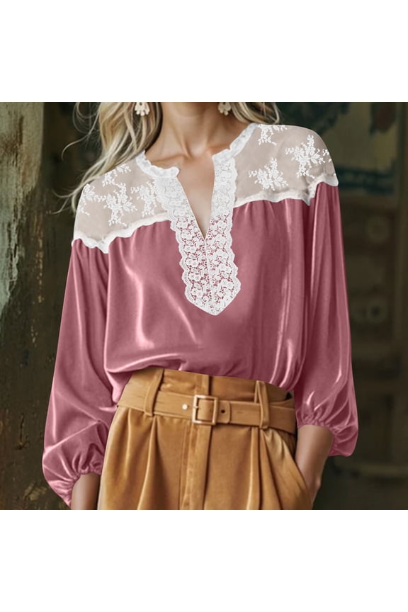 Womens Pink Lace Blouse Vintage Puff Sleeve Top Elegant Long Sleeve V-Neck Velvet Touch for Date Night Casual,Size 2XL
