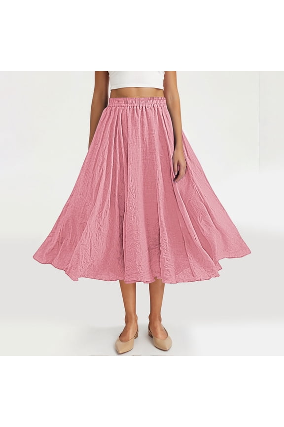 Womens Pink Linen Midi Skirt Elastic Waist, Flowy Swing A-Line Crinkle Casual Boho Summer Skirt, Machine Washable,Size Free Size