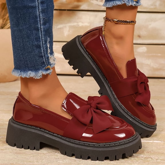 ZunFeo Womens Platform Loafers Patent Faux Leather Wine Burgundy Chunky Mary Jane Shoes Slip On Round Toe Preppy Casual Sizes 5.5-9.5,Size 6.5