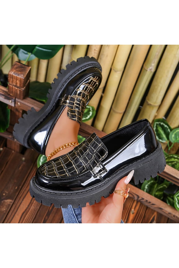 Womens Platform Loafers Slip On - Black Patent Faux Leather Chunky Flat Shoes with Comfort Cushion & Rubber Sole, Closed Toe (US 5.5-9),Size 6.5