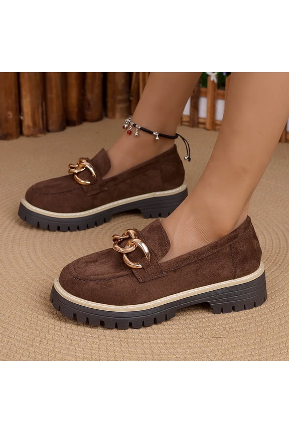 Womens Platform Loafers Slip On - Chunky Comfort Casual Shoes with Gold Chain Detail, Coffee Brown Suede-Like PU, Non-Slip Sole, Sizes 5.5-9.5,Size 7.5