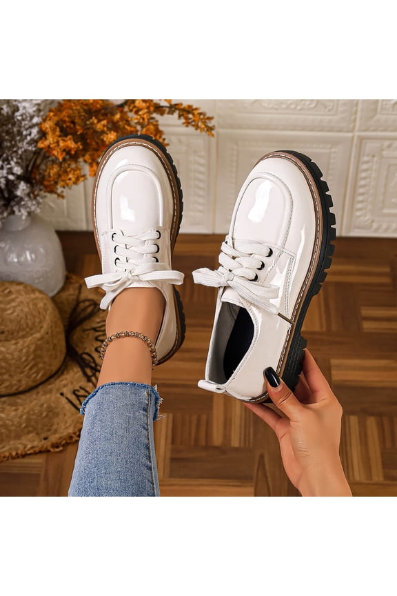 Womens Platform Oxford Shoes Glossy Beige Chunky Lace Up Casual Comfort Non-Slip Size 5.5-9.5,Size 9