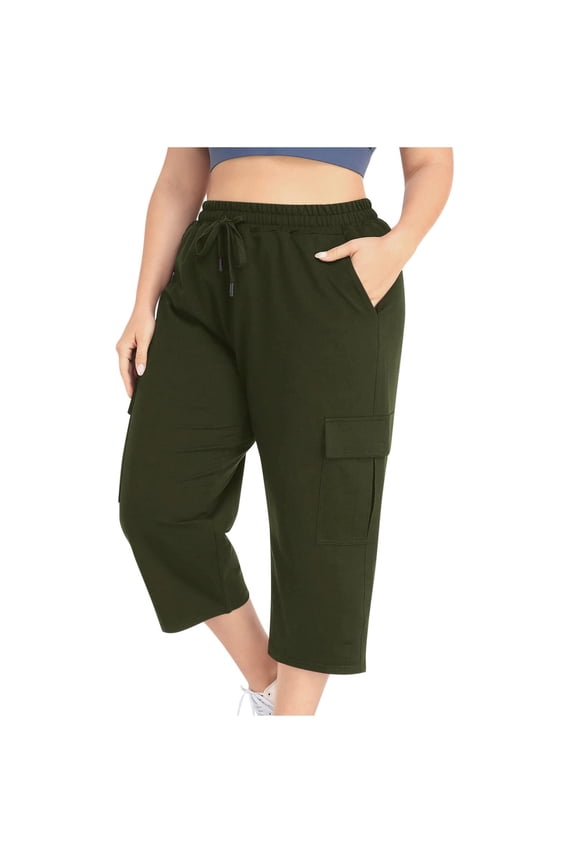 Womens Plus Size Army Green Capri Cargo Pants Cotton Blend Drawstring High Waisted Loose Fit Pockets,Size 2XL