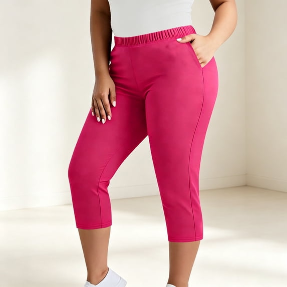 ZunFeo Womens Plus Size Pull-On Elastic Waist Pants, Hot Pink Slim Fit Stretch Capris, Calf-Length Casual Pants with Pockets,Size 4XL