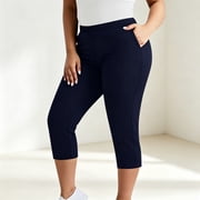 ZunFeo Womens Plus Size Stretch Pull-On Capri Pants, Dark Blue Calf-Length Elastic Waist Slim Fit Pants with Side Pockets,Size 2XL