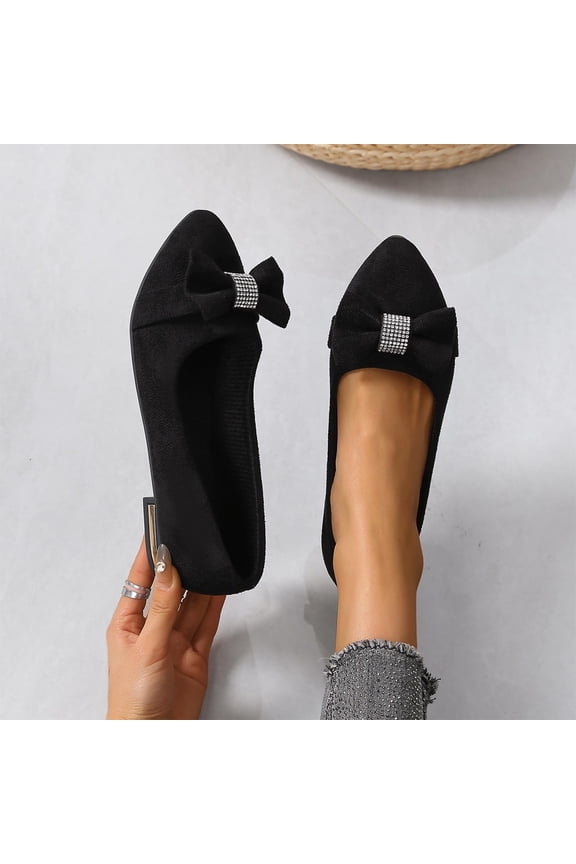 Womens Pointed Toe Flats with Bow - Rhinestone Decor Slip On Comfortable Ballet Flats, Soft Flock Velvet Upper, Black, US Sizes 5.5-9,Size 6