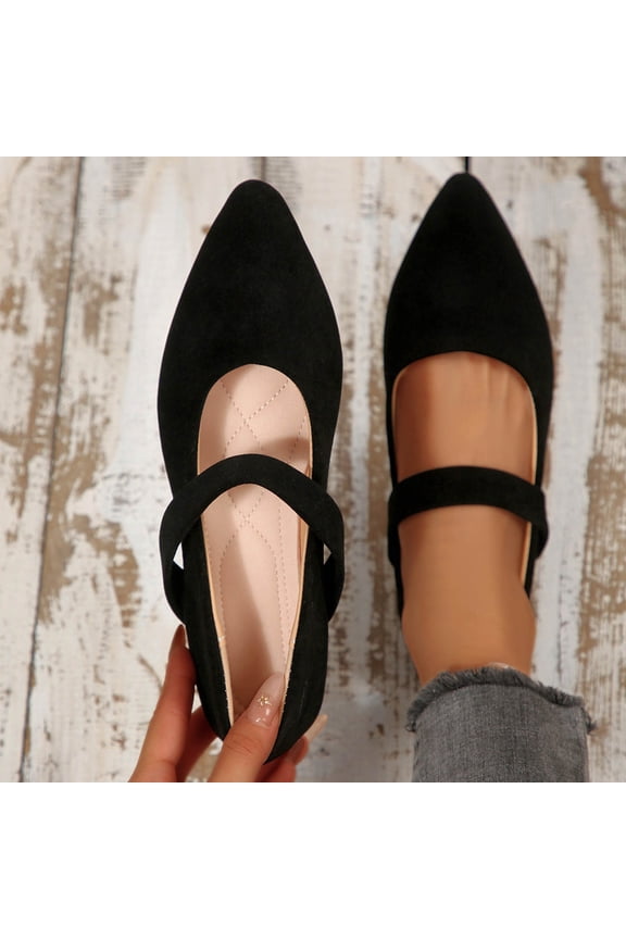 Womens Pointed Toe Mary Jane Flats - Suede Ballet Flat Shoes with Elastic Strap, Vintage Retro Dressy Casual Black,Size 6