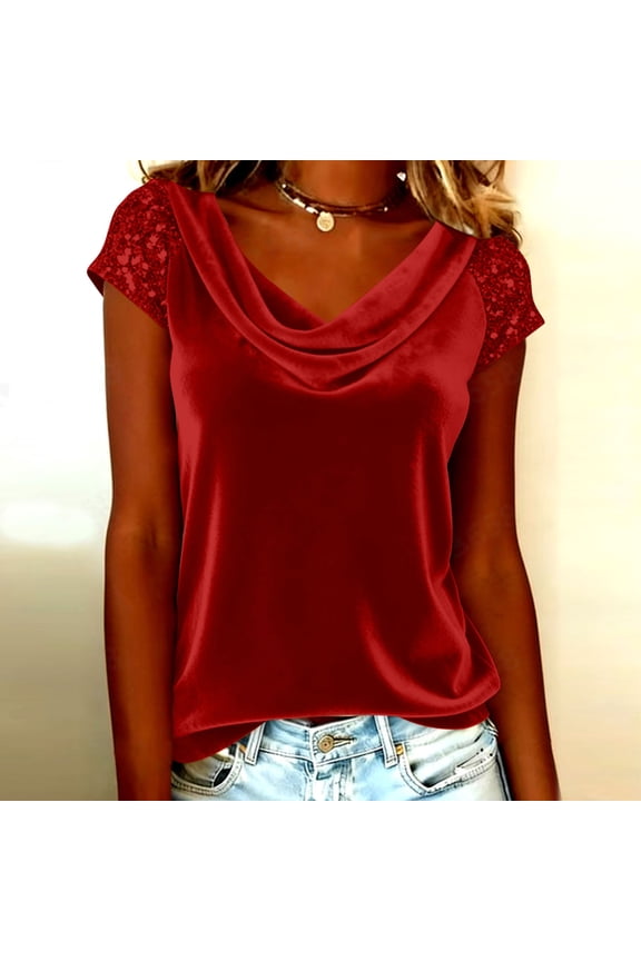 Womens Red Satin Blouse with Lace Sleeves, Cowl Neck Elegant Top for Party, Casual Chic Dressy Blouse,Size S