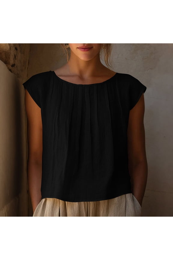 Womens Relaxed Fit Cotton Blouse with Short Sleeves, Scoop Neck & Pleated Detail - Versatile Casual Top for Everyday, Black,Size XL