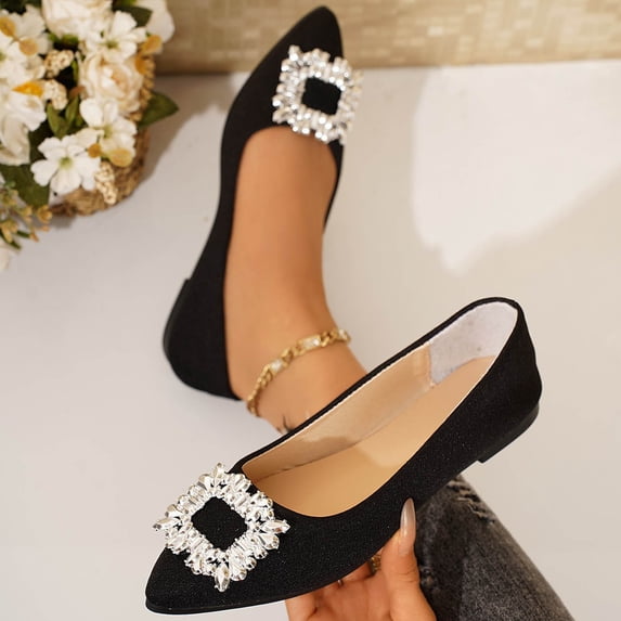 ZunFeo Womens Rhinestone Buckle Pointed Toe Ballet Flats - Slip On Comfortable Dressy & Casual Flats for Women - Black (Size 5.5-9.5),Size 8.5