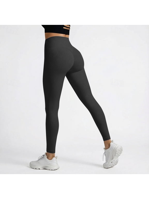 Womens Ribbed High Waisted Yoga Pants, Soft Full Length Leggings with Tummy Control for Workout & Casual in Black,Size S