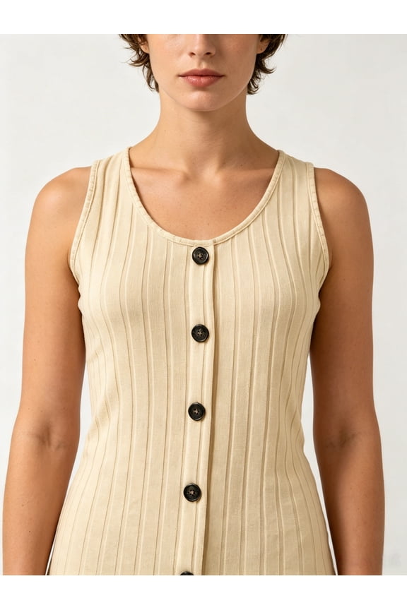Yellow Tank Top Women Soft Cozy Sleeveless Ribbed Shirts with Buttons,Stretchy U-Neck Cami for Women, Size M